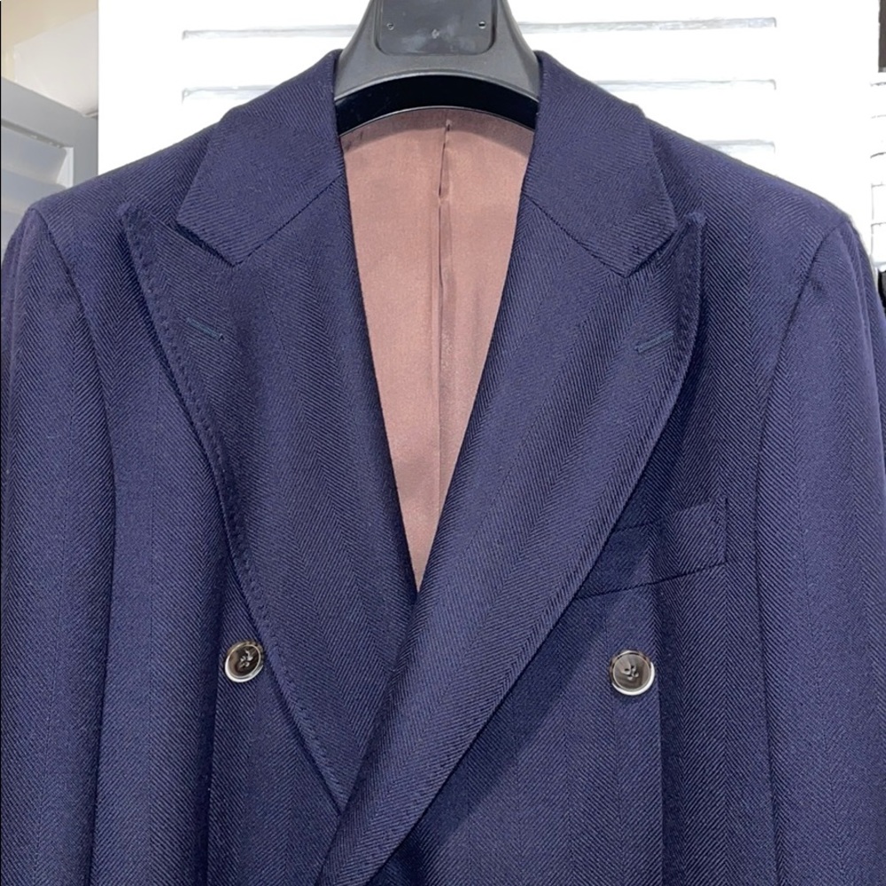 SUITSUPPLY Wide Peak Lapel Navy Herringbone Coat